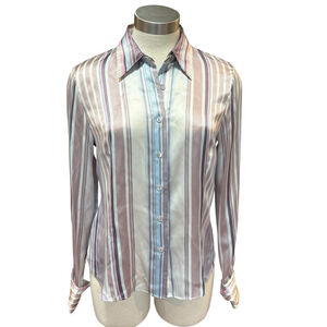 Lafayette 148 Womens Blouse Silk Striped Blue Pink Mauve Crystal Button Sz. 8